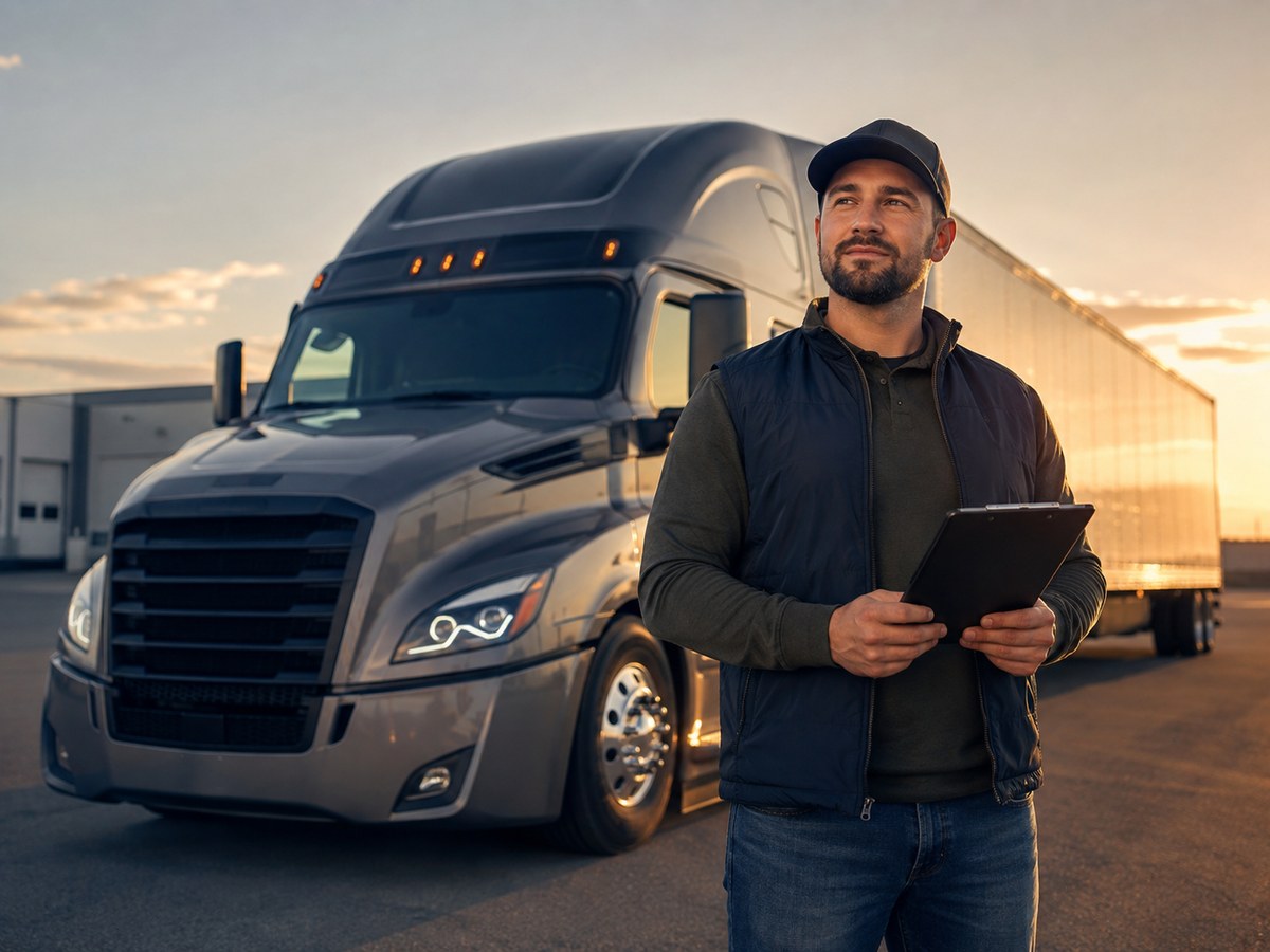 A trucking business owner reviewing registration paperwork in front of a tractor-trailer